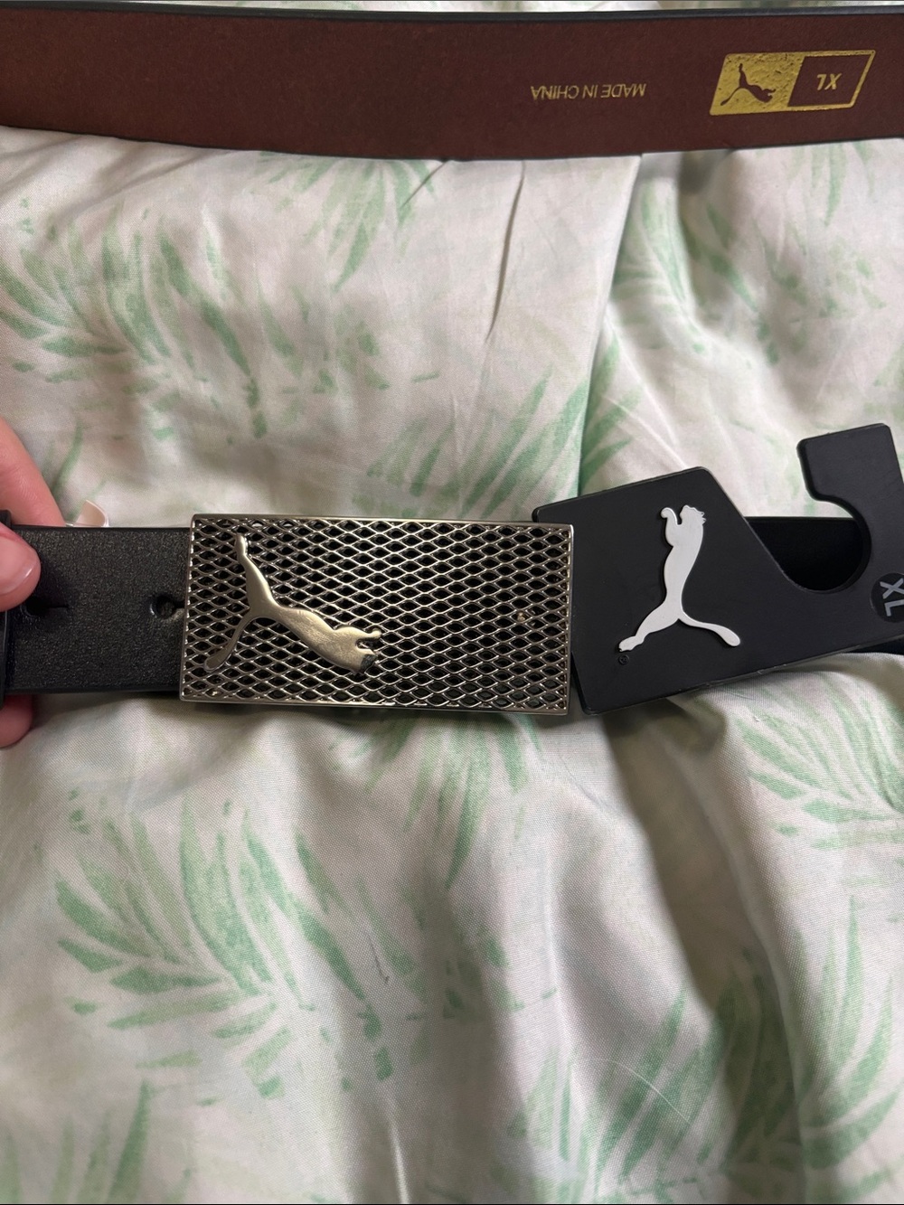 Puma Black Leather Belt with Silver Mesh Buckle and Gold Puma Logo